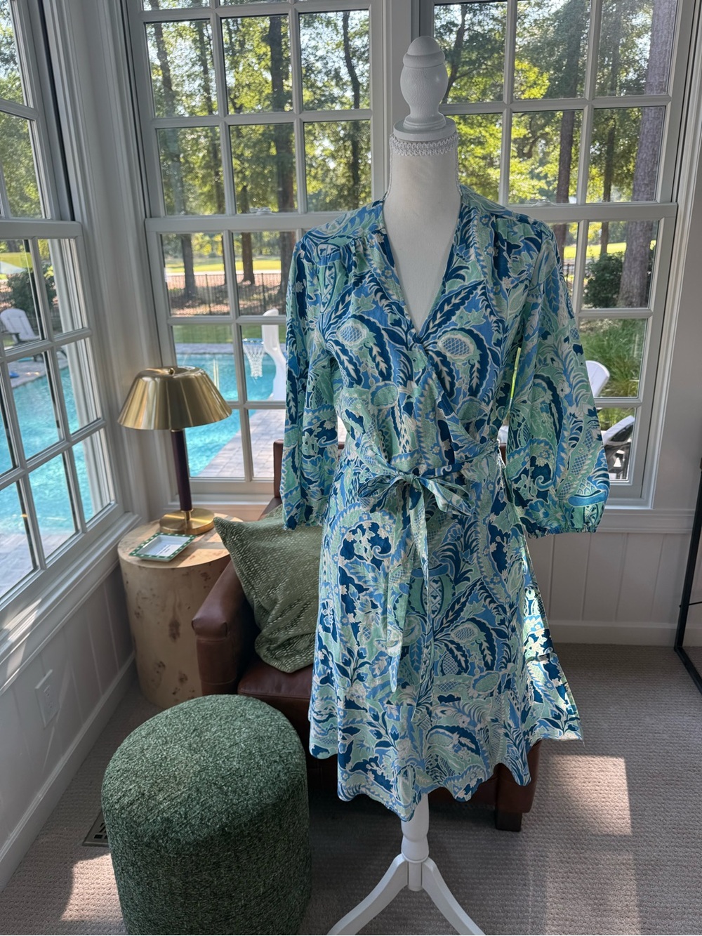 J. McLaughlin Floral Paisley Midi Wrap Dress in Blue and Green Size M